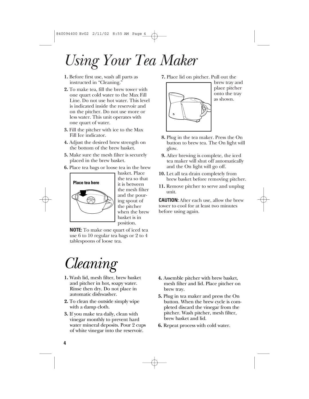 GE 840094400, 106824 manual Using Your Tea Maker, Cleaning 