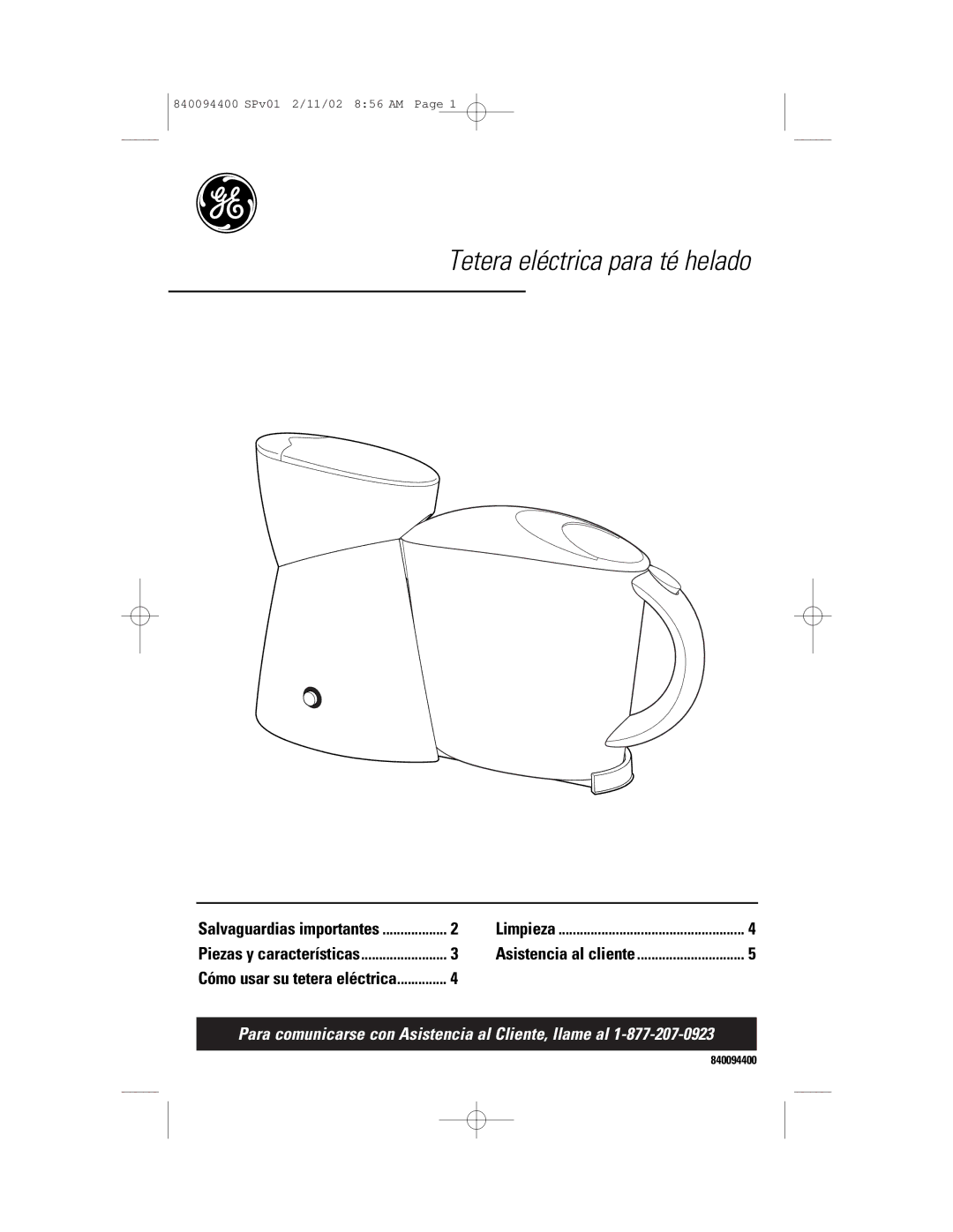 GE 106824, 840094400 manual Tetera eléctrica para té helado 