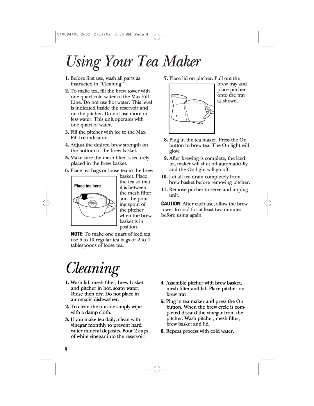 GE 840094400, 106824 manual Using Your Tea Maker, Cleaning 