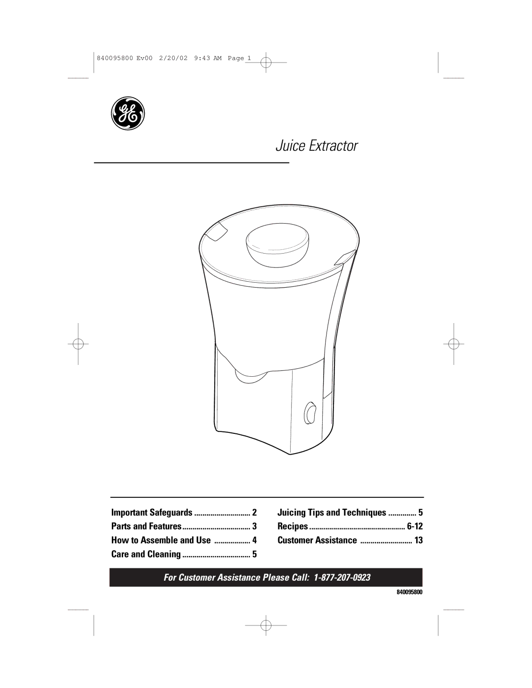 GE 840095800 manual Juice Extractor 