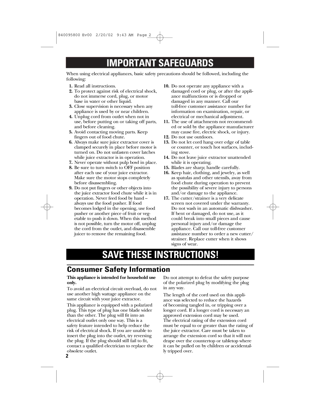 GE 840095800 manual Important Safeguards, Consumer Safety Information 