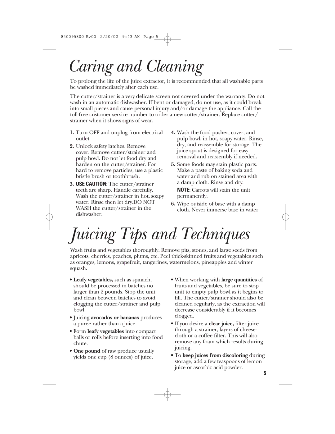 GE 840095800 manual Caring and Cleaning, Juicing Tips and Techniques 