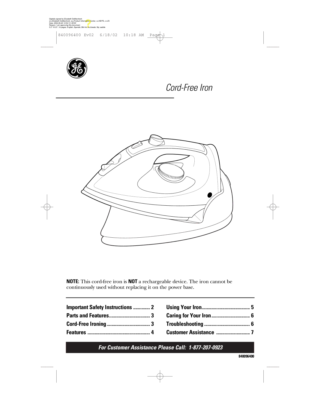 GE 169097, 840096400 important safety instructions Cord-Free Iron 