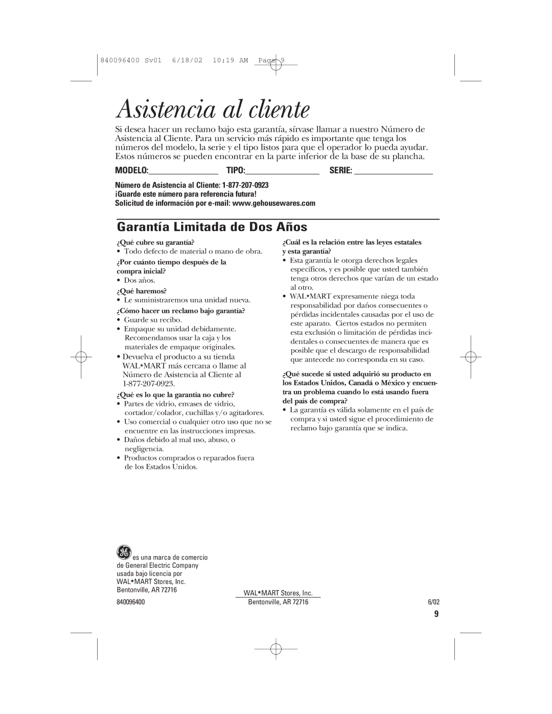 GE 840096400, 169097 important safety instructions Garantía Limitada de Dos Años, Modelo Tipo Serie 