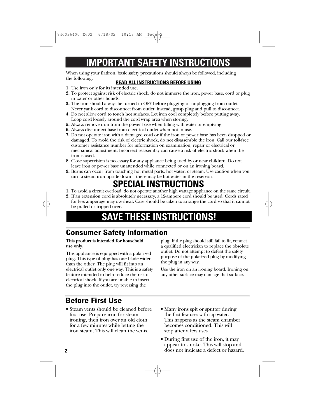 GE 840096400, 169097 Consumer Safety Information, Before First Use, Read ALL Instructions Before Using 