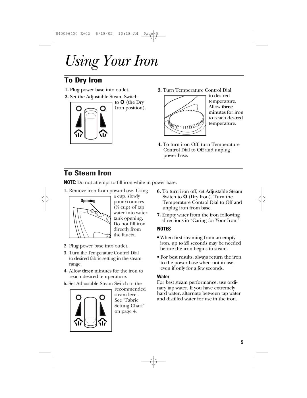 GE 169097, 840096400 important safety instructions Using Your Iron, To Dry Iron, To Steam Iron, Water 