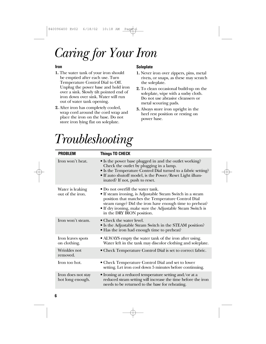 GE 840096400, 169097 important safety instructions Caring for Your Iron, Troubleshooting, Problem 