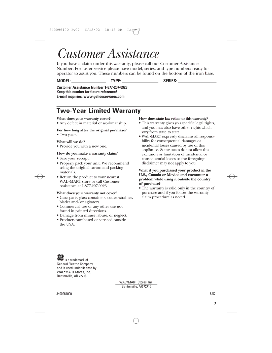 GE 169097, 840096400 important safety instructions Customer Assistance, Two-Year Limited Warranty, Model Type Series 