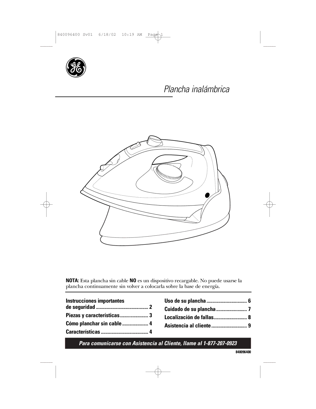 GE 840096400, 169097 important safety instructions Plancha inalámbrica 