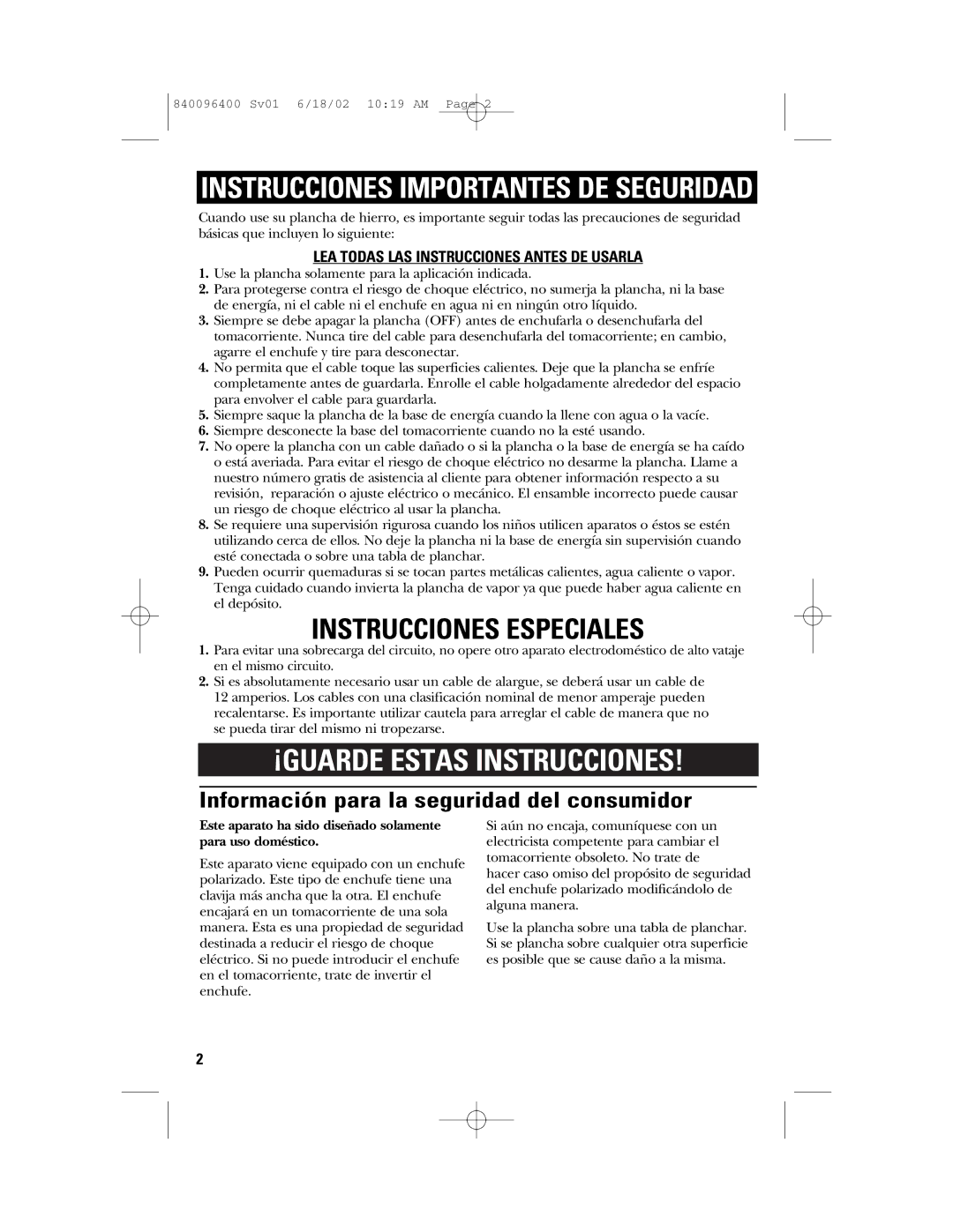 GE 169097, 840096400 Información para la seguridad del consumidor, LEA Todas LAS Instrucciones Antes DE Usarla 