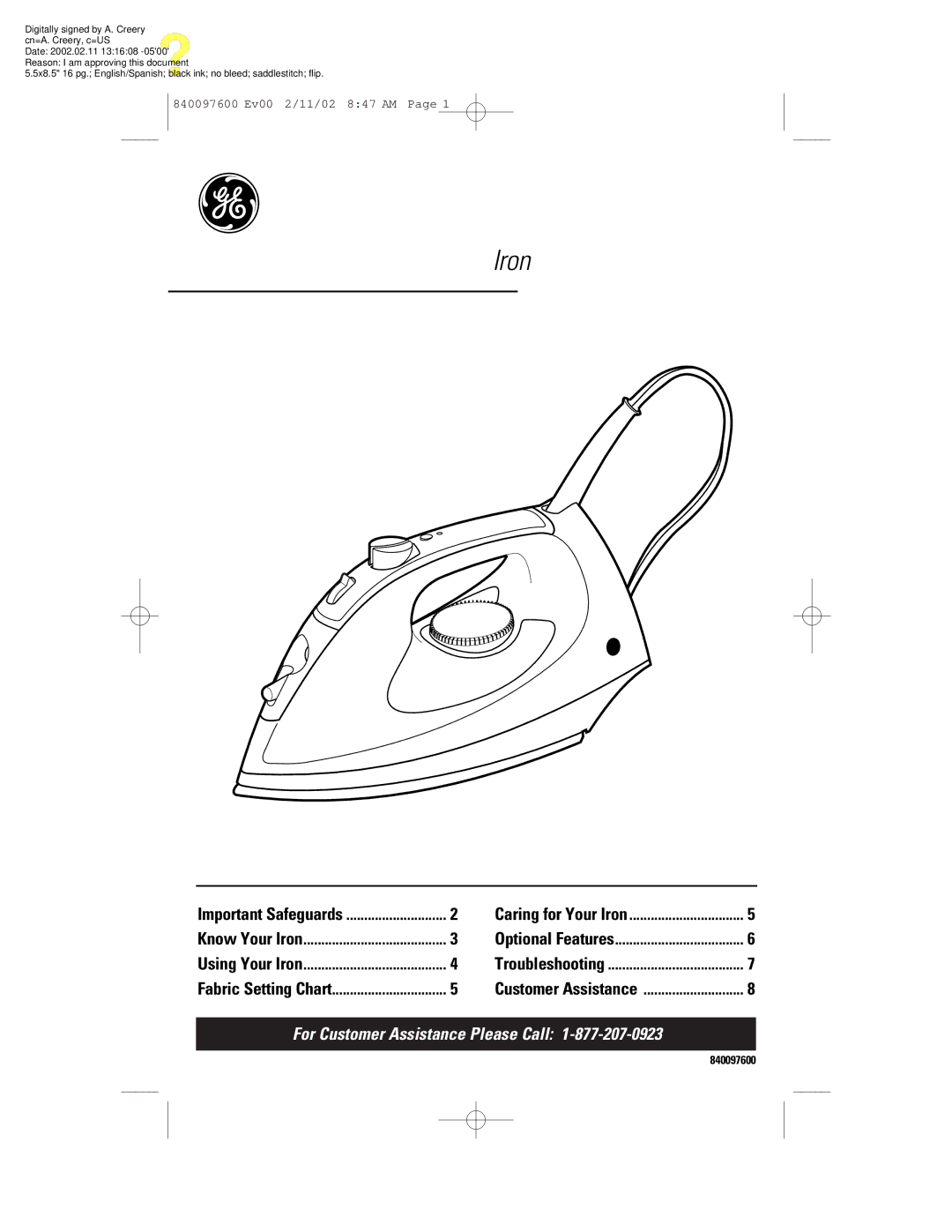 GE 106792, 840097600 manual Iron 