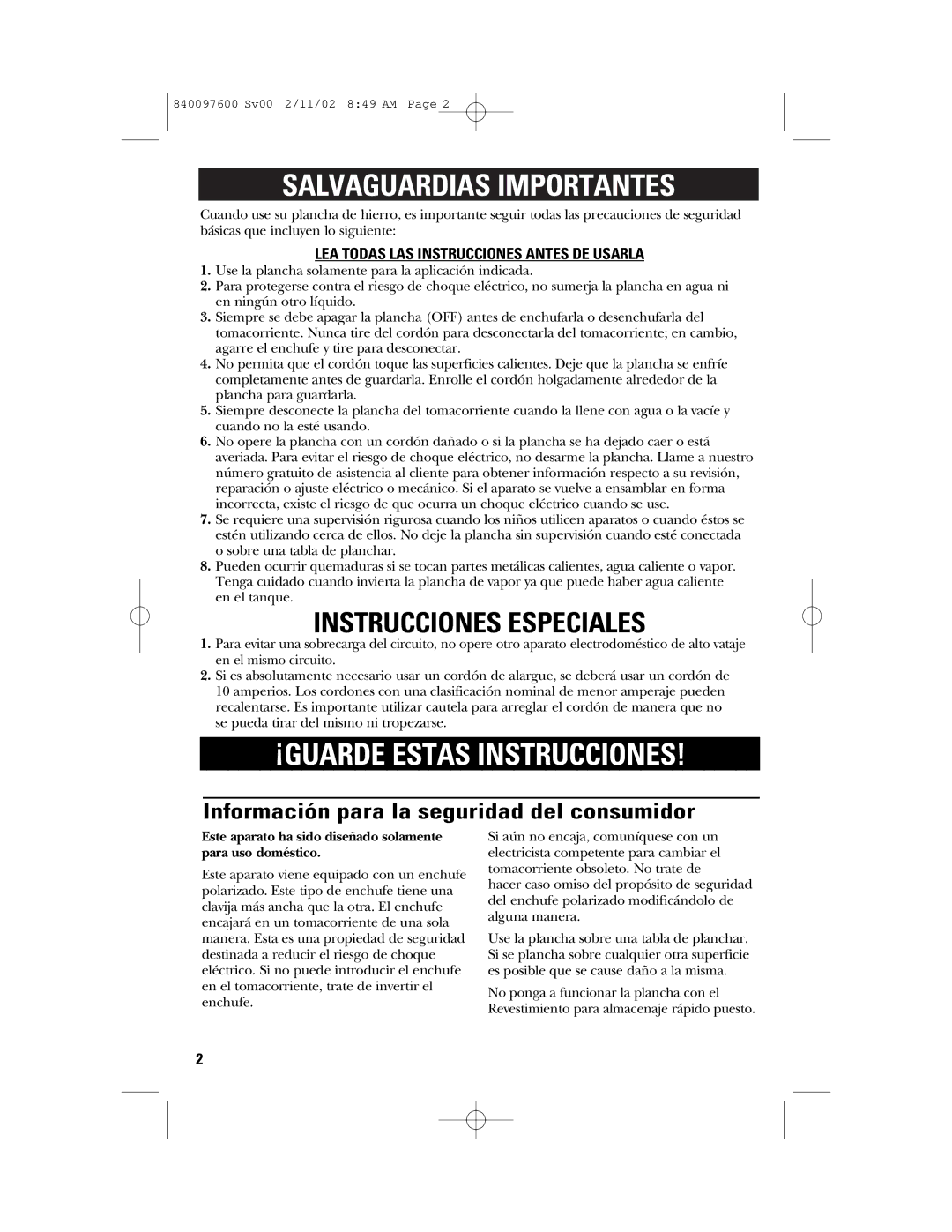 GE 840097600, 106792 manual Información para la seguridad del consumidor, LEA Todas LAS Instrucciones Antes DE Usarla 