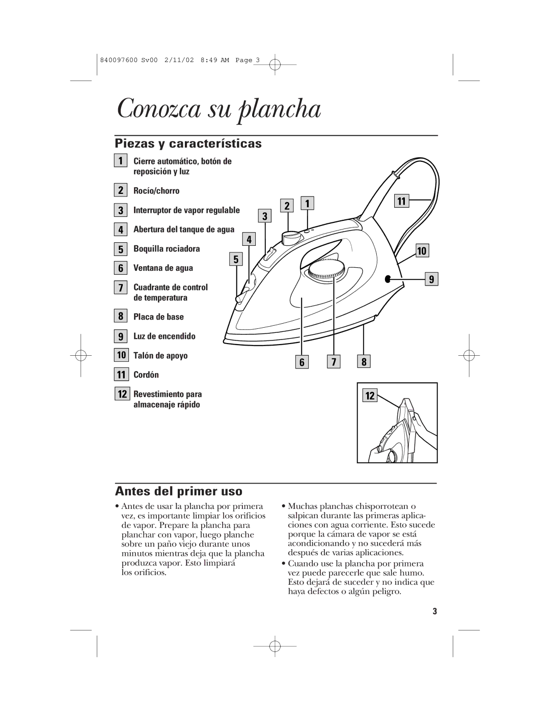 GE 106792, 840097600 Conozca su plancha, Piezas y características, Antes del primer uso, Reposición y luz Rocío/chorro 