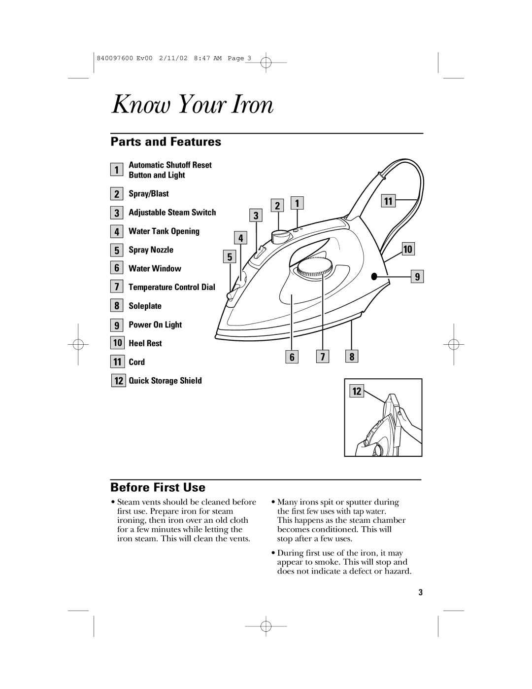 GE 106792, 840097600 manual Know Your Iron, Parts and Features, Before First Use 