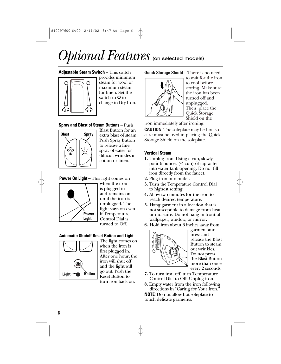 GE 840097600, 106792 manual Optional Features on selected models, Vertical Steam 