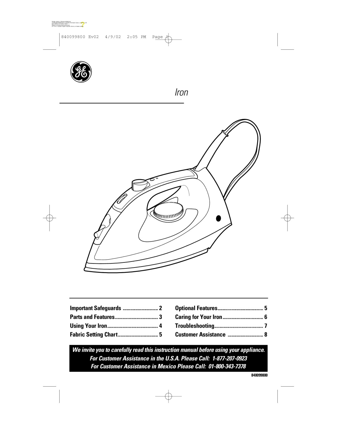 GE 169073, 840099800 instruction manual Iron 