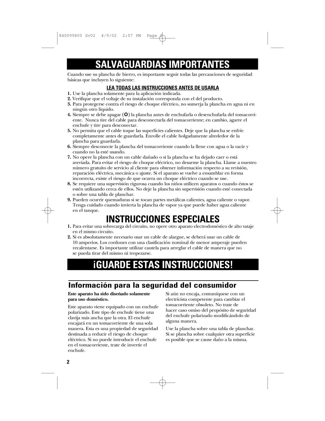 GE 840099800, 169073 Información para la seguridad del consumidor, LEA Todas LAS Instrucciones Antes DE Usarla 