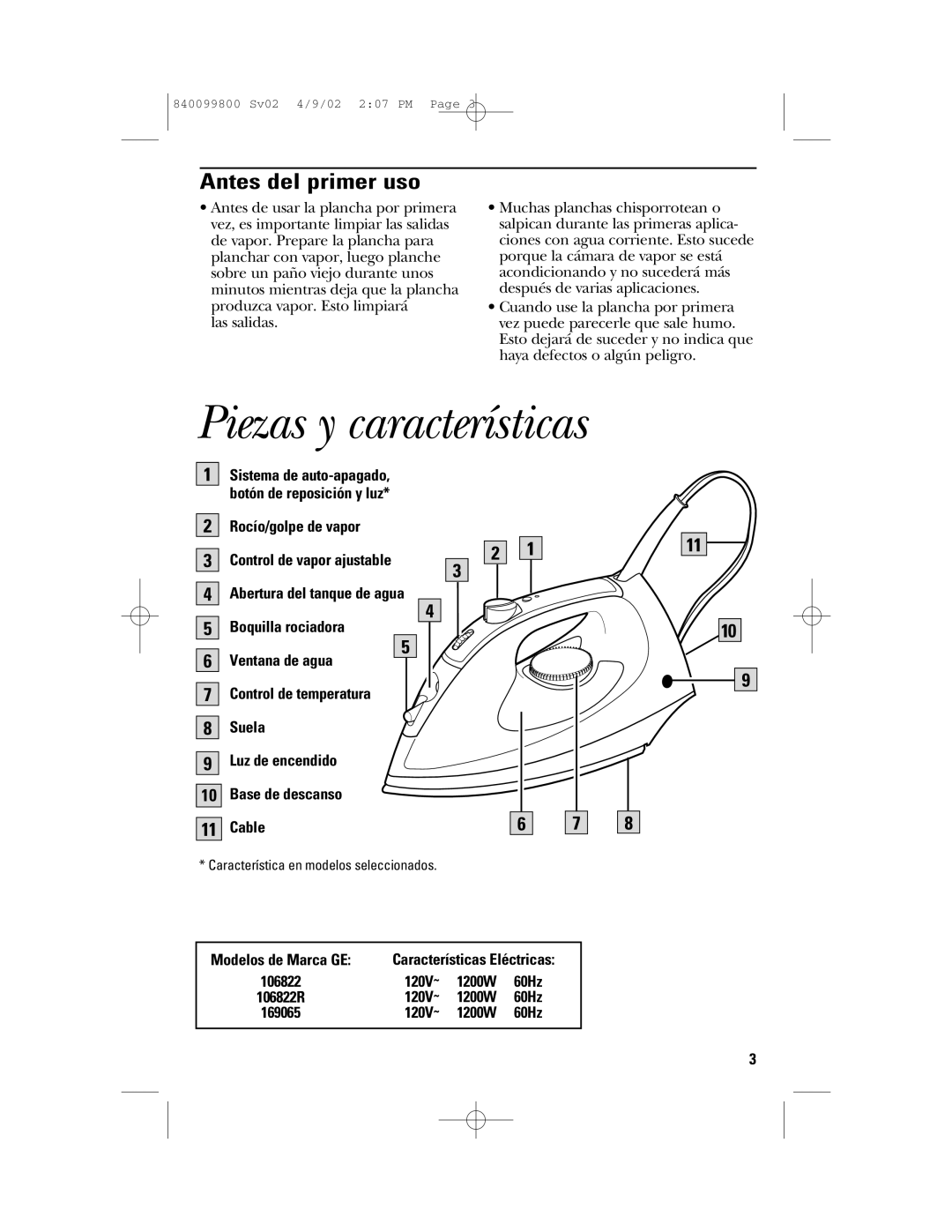 GE 169073 Piezas y características, Antes del primer uso, Modelos de Marca GE Características Eléctricas, 120V~ 1200W 60Hz 