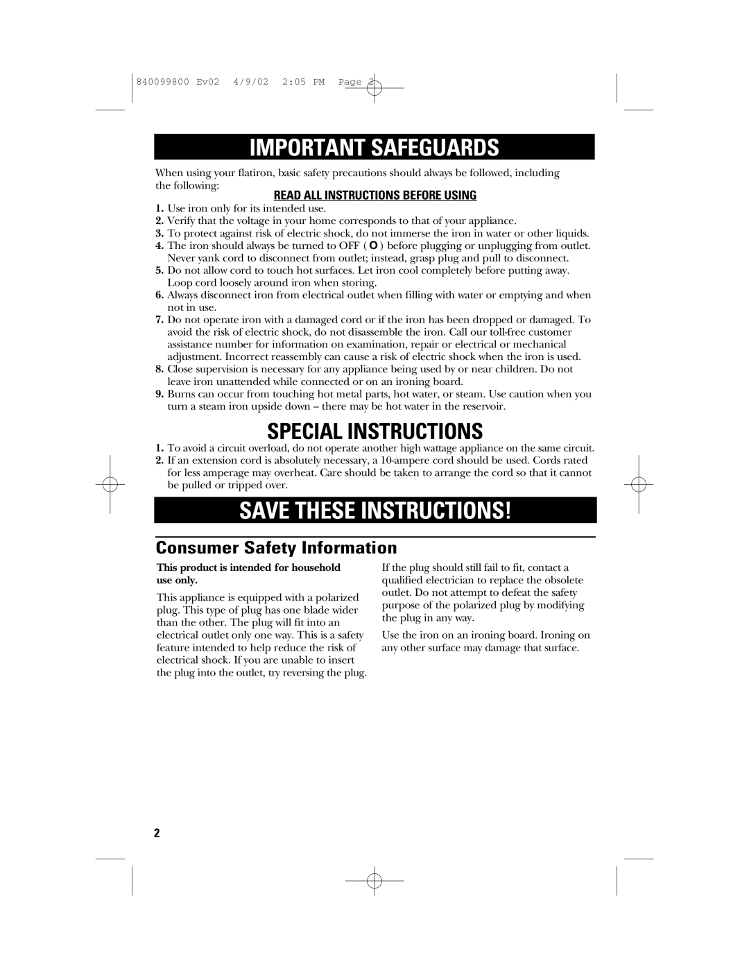 GE 840099800, 169073 instruction manual Consumer Safety Information, Read ALL Instructions Before Using 