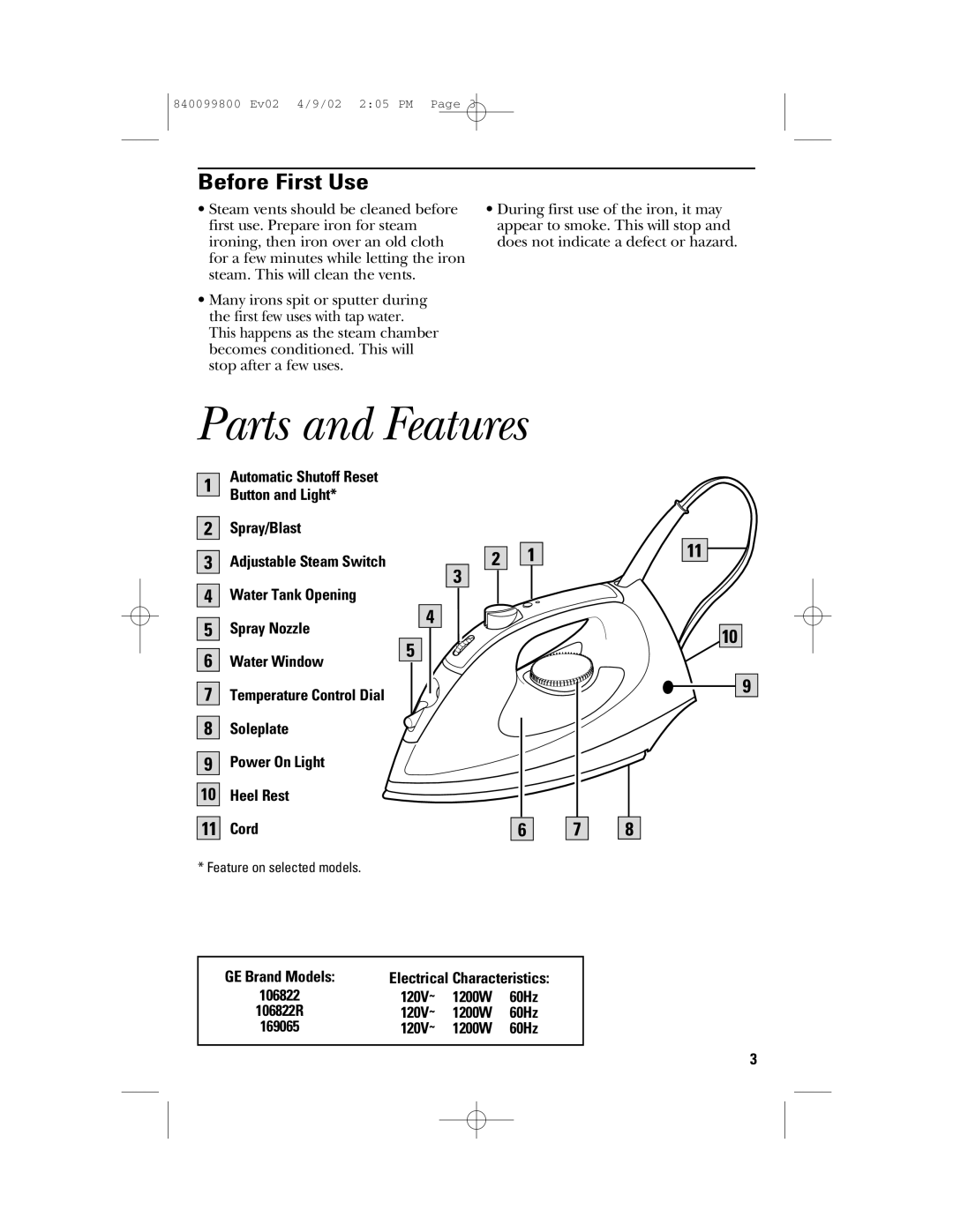 GE 169073, 840099800 instruction manual Parts and Features, Before First Use 