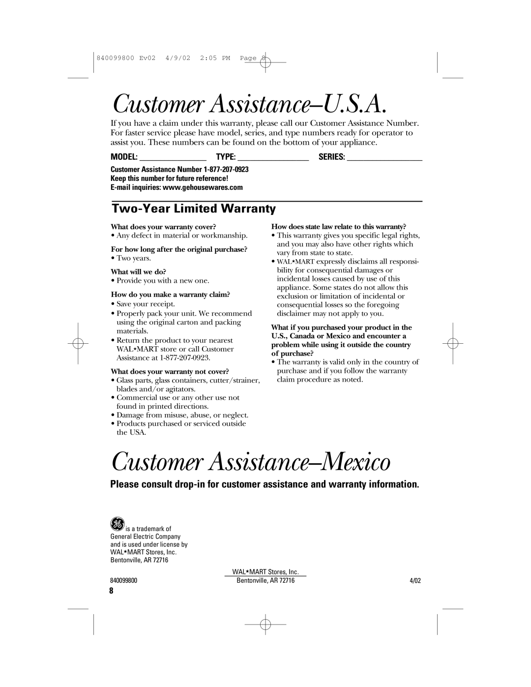 GE 840099800, 169073 Customer Assistance-U.S.A, Customer Assistance-Mexico, Two-Year Limited Warranty, Model Type Series 