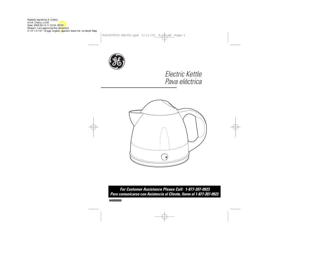 GE 840099900 manual Electric Kettle Pava eléctrica 