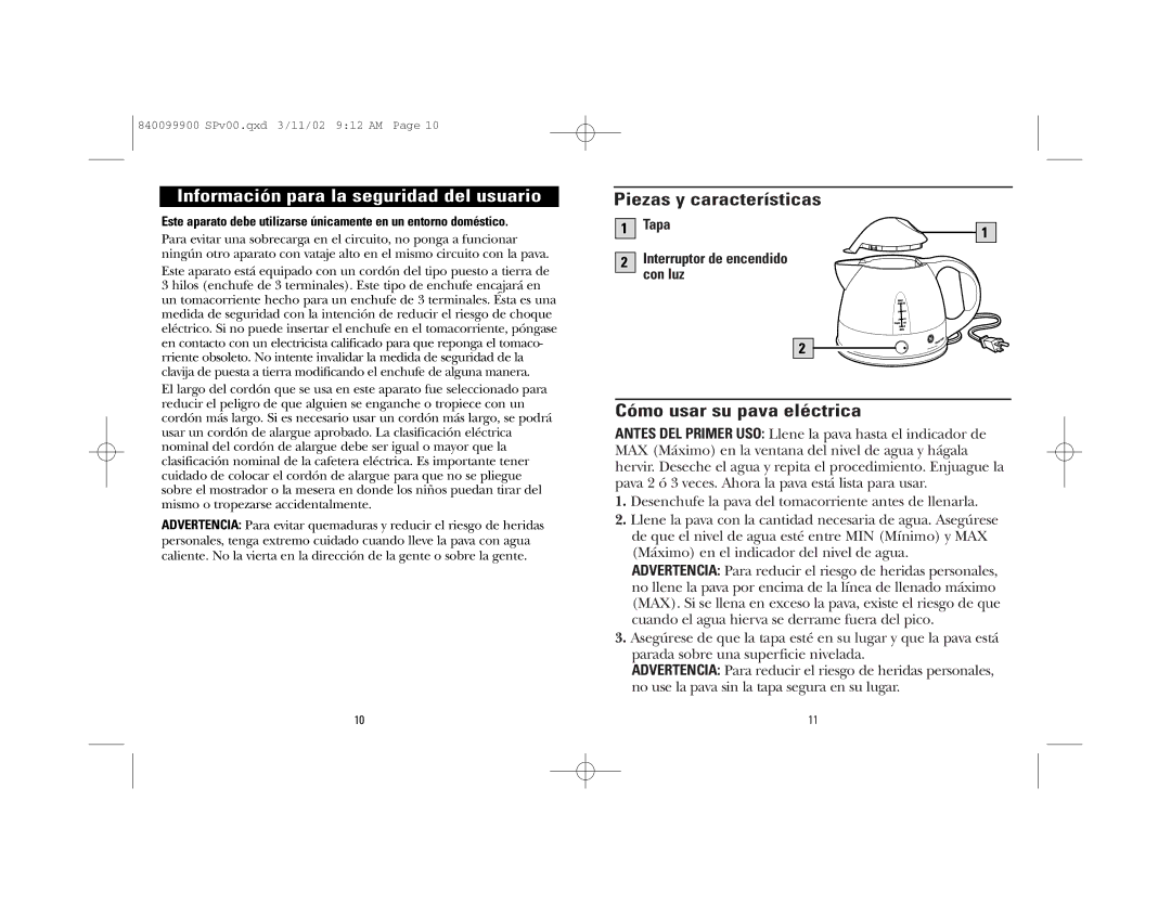 GE 840099900 manual Piezas y características, Cómo usar su pava eléctrica 