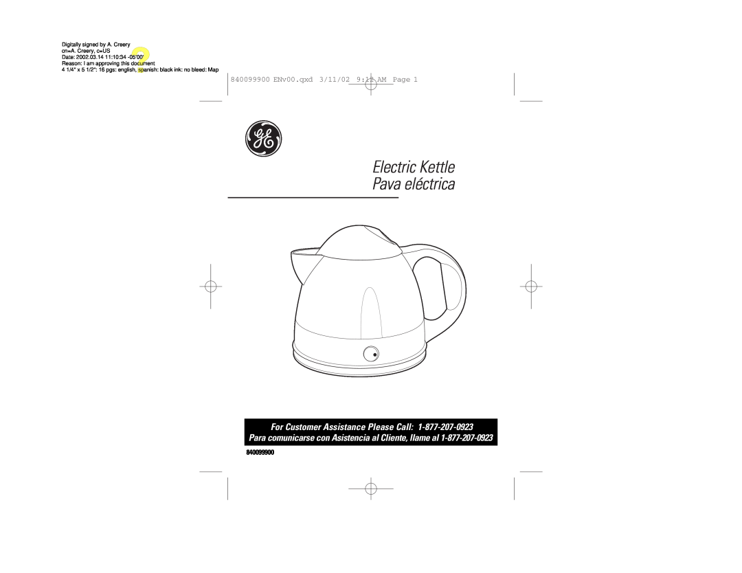 GE 840099900 manual Electric Kettle Pava eléctrica, For Customer Assistance Please Call, Date 
