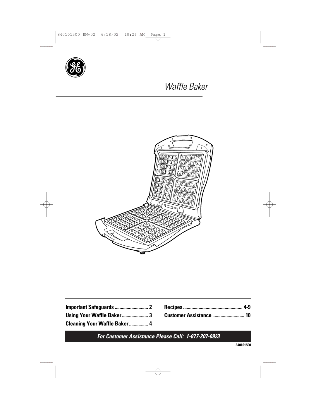 GE 840101500 manual Waffle Baker 