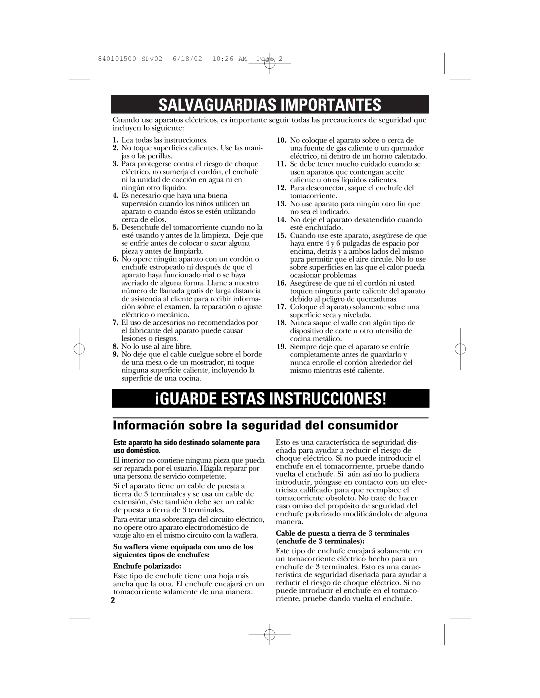 GE 840101500 manual Salvaguardias Importantes, Información sobre la seguridad del consumidor 