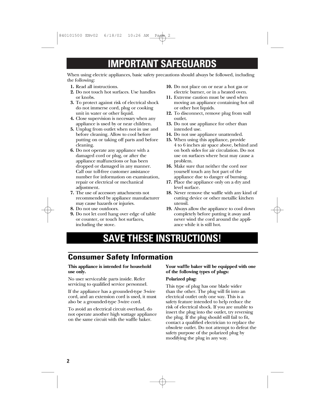 GE 840101500 manual Important Safeguards, Consumer Safety Information 