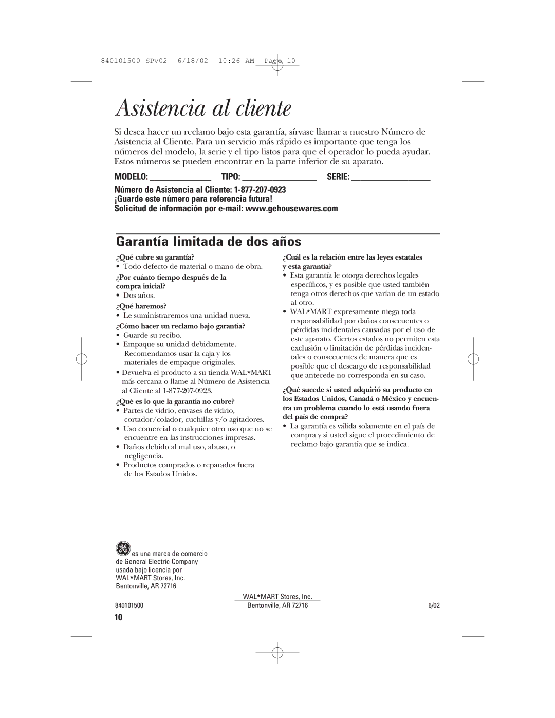 GE 840101500 manual Asistencia al cliente, Garantía limitada de dos años 