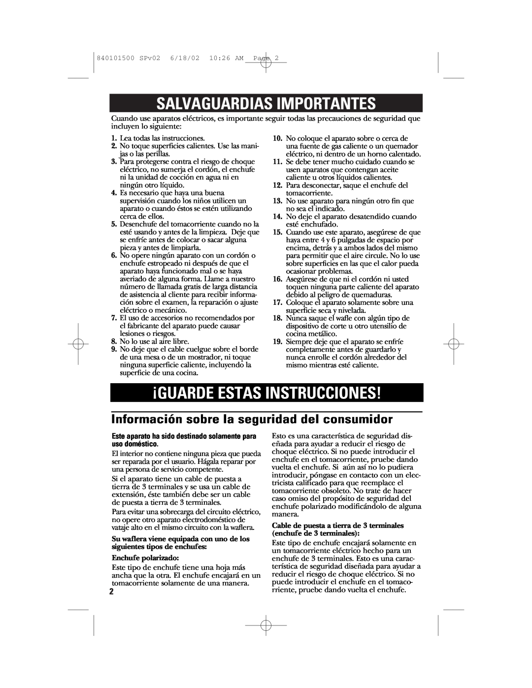 GE 840101500 manual Salvaguardias Importantes, ¡Guarde Estas Instrucciones, Información sobre la seguridad del consumidor 