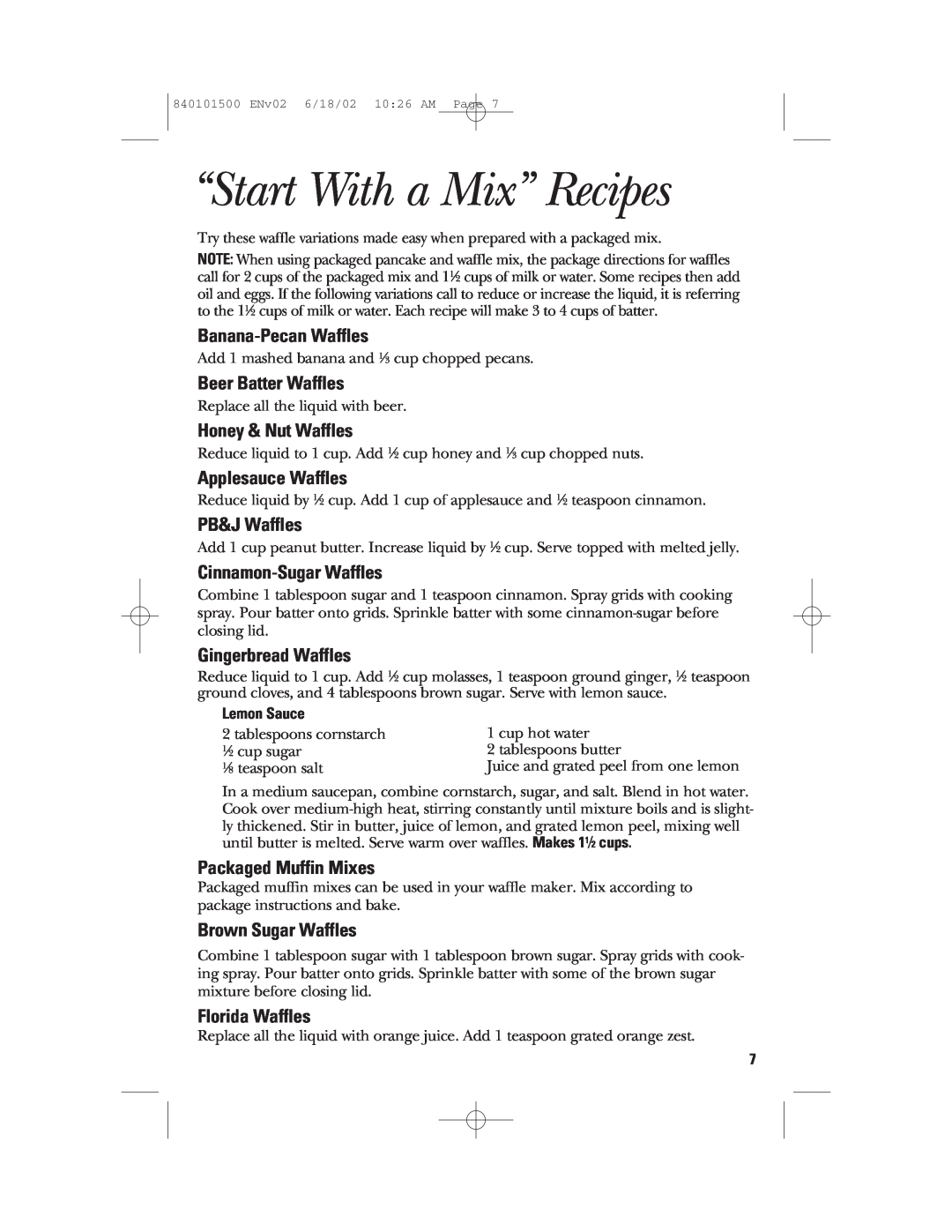 GE 840101500 manual “Start With a Mix” Recipes 