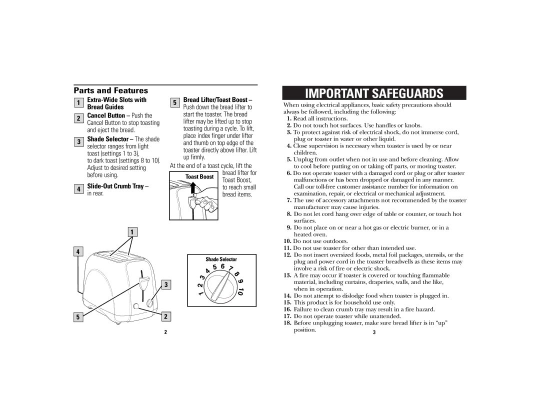 GE 840101900, 169145 manual Parts and Features, Extra-Wide Slots with Bread Guides 