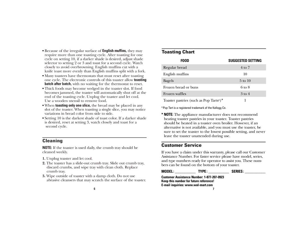 GE 840101900, 169145 manual Cleaning, Toasting Chart, Customer Service 