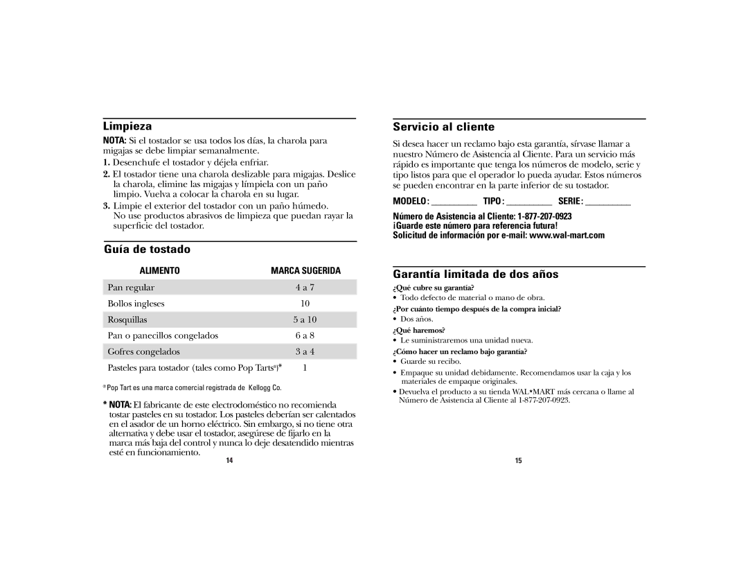 GE 169145, 840101900 manual Limpieza, Guía de tostado, Servicio al cliente, Garantía limitada de dos años 