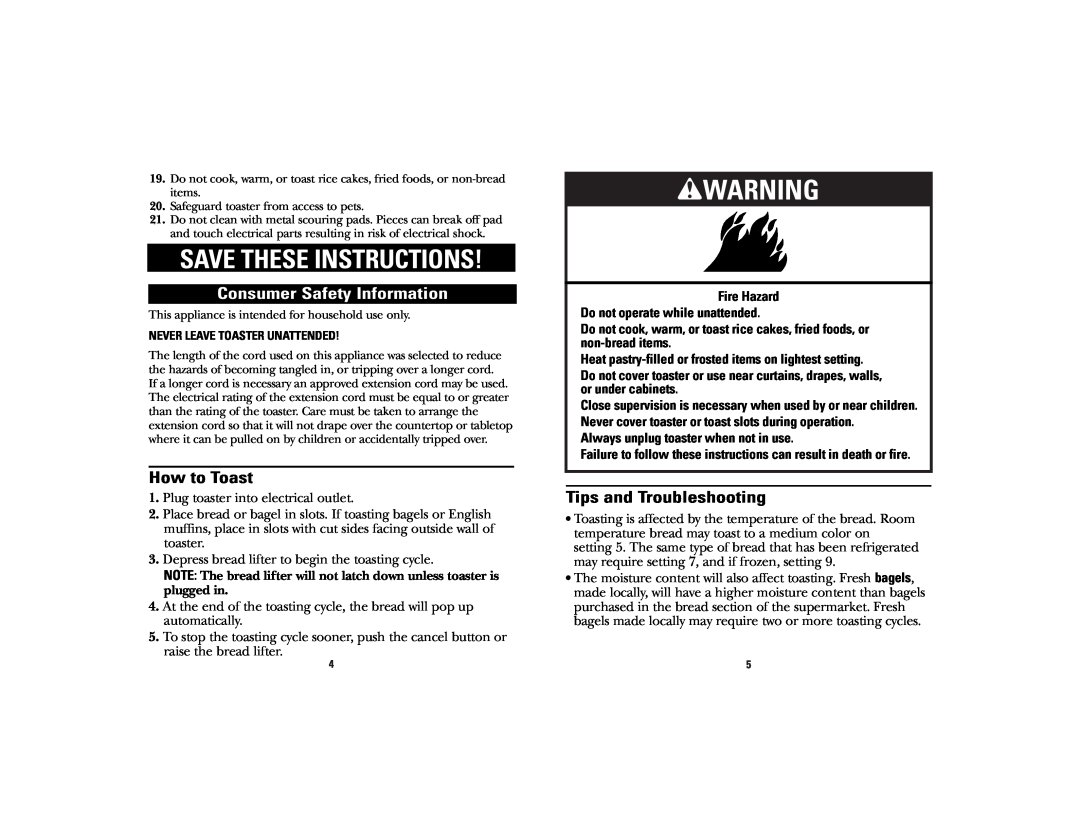 GE 169145 manual wWARNING, Save These Instructions, Consumer Safety Information, How to Toast, Tips and Troubleshooting 