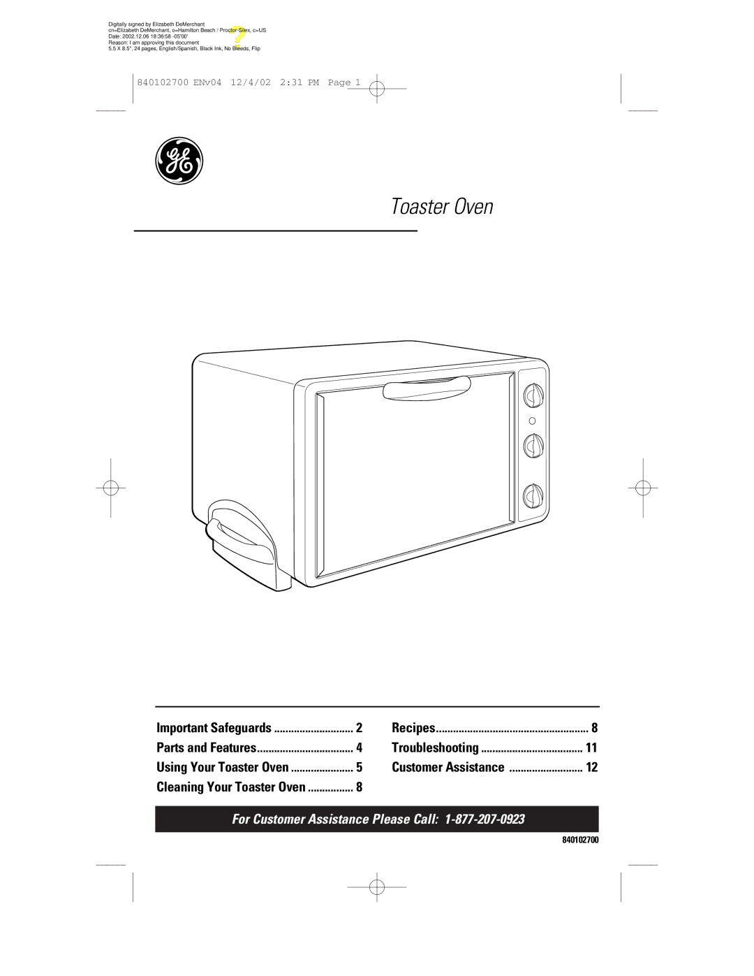 GE 840102700 manual Toaster Oven 