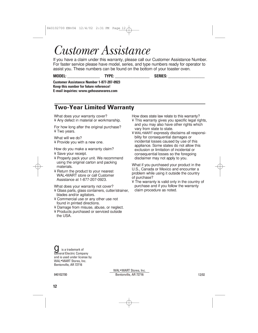 GE 840102700 manual Customer Assistance, Two-Year Limited Warranty, Model Type Series 