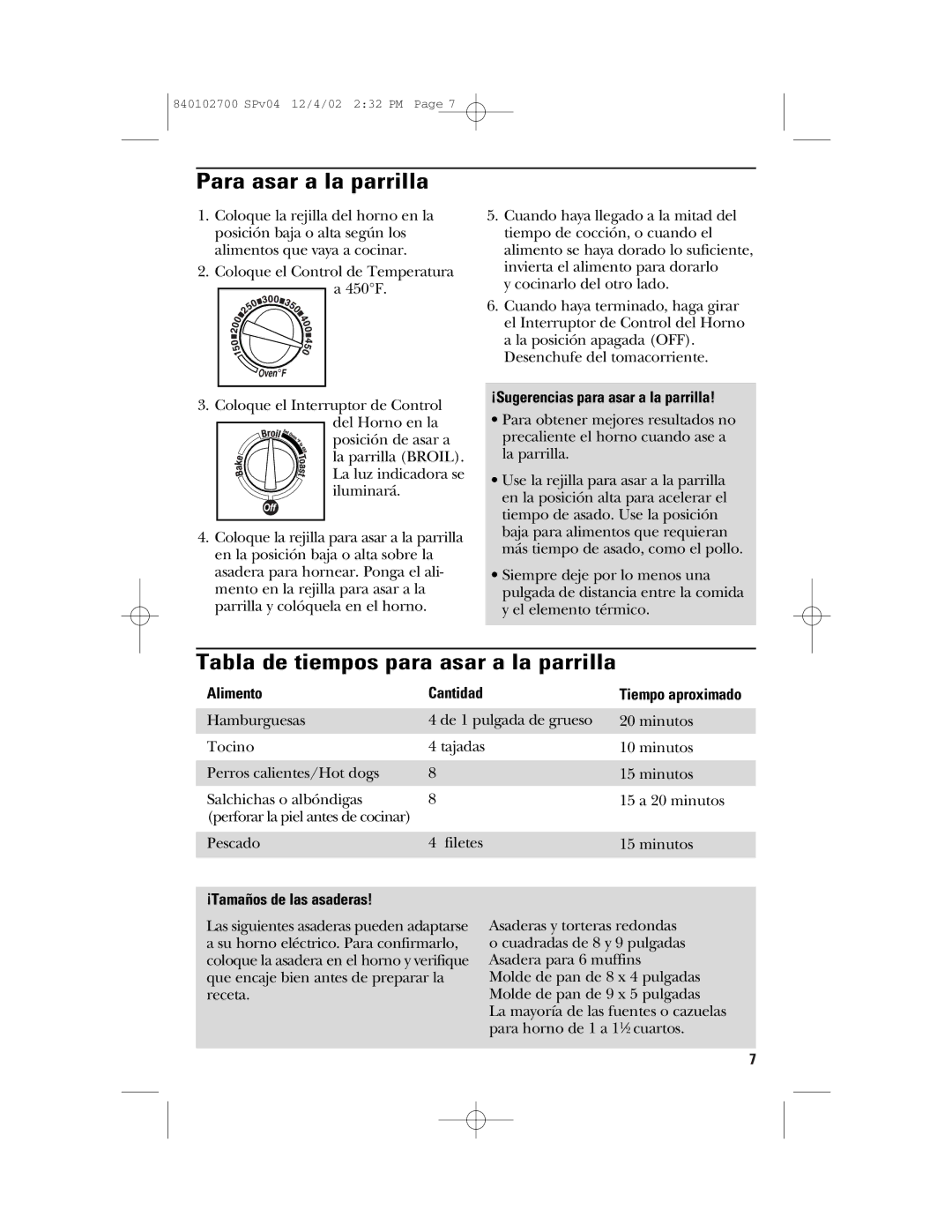 GE 840102700 manual Para asar a la parrilla, Tabla de tiempos para asar a la parrilla, ¡Sugerencias para asar a la parrilla 