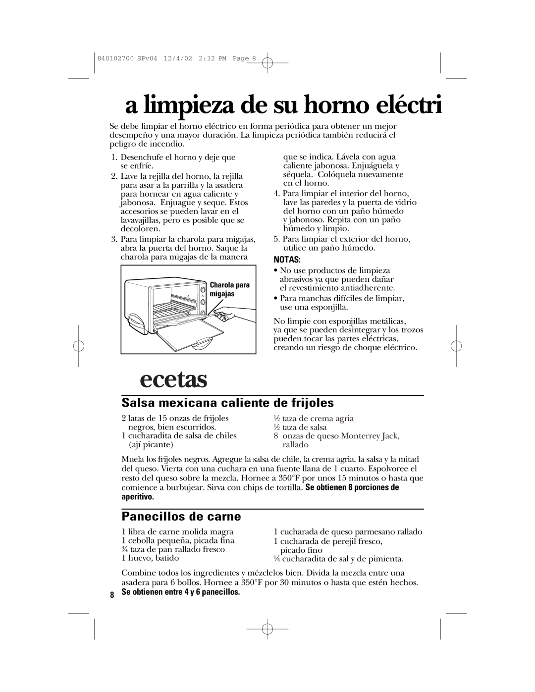 GE 840102700 manual La limpieza de su horno eléctrico, Recetas, Salsa mexicana caliente de frijoles, Panecillos de carne 