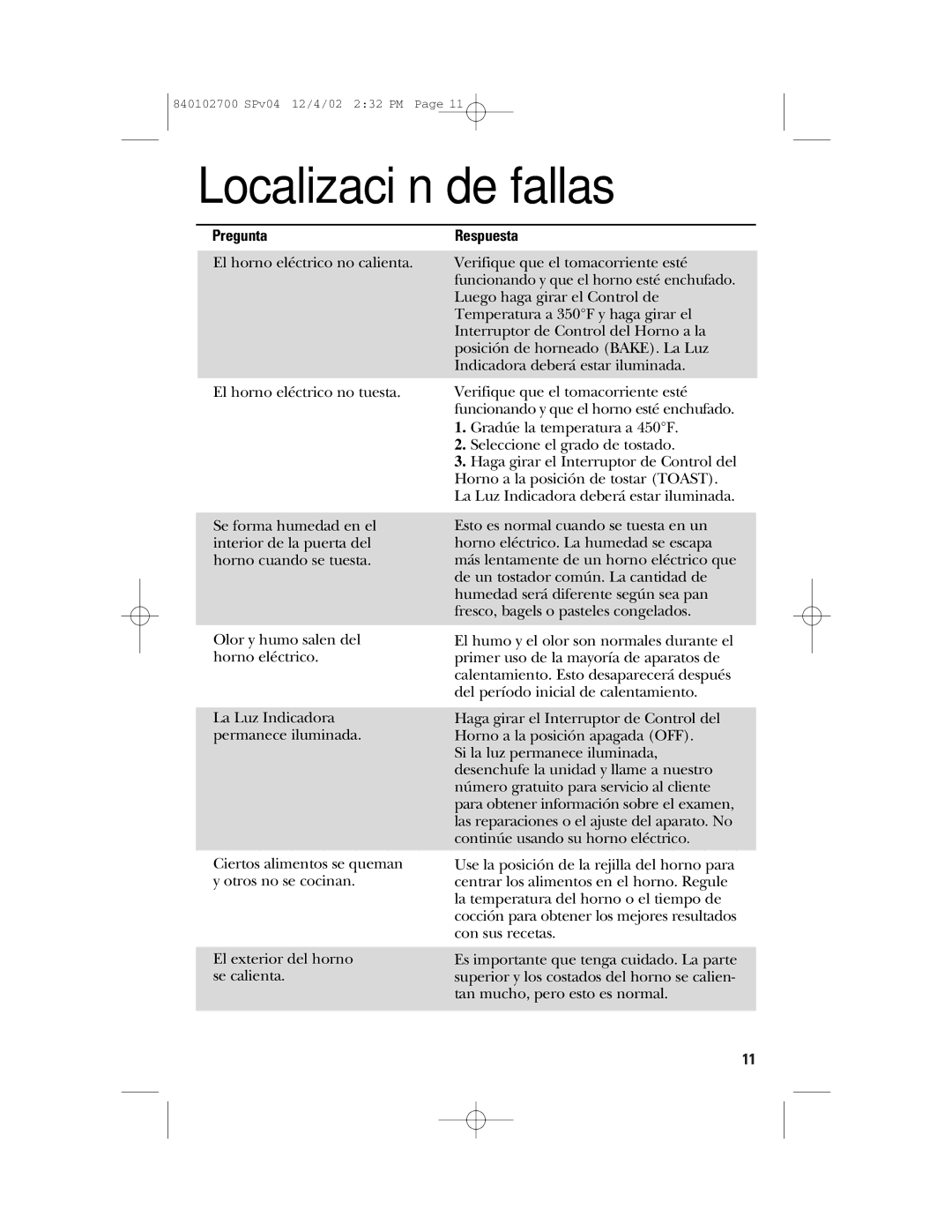 GE 840102700 manual Localización de fallas, Pregunta, Respuesta 