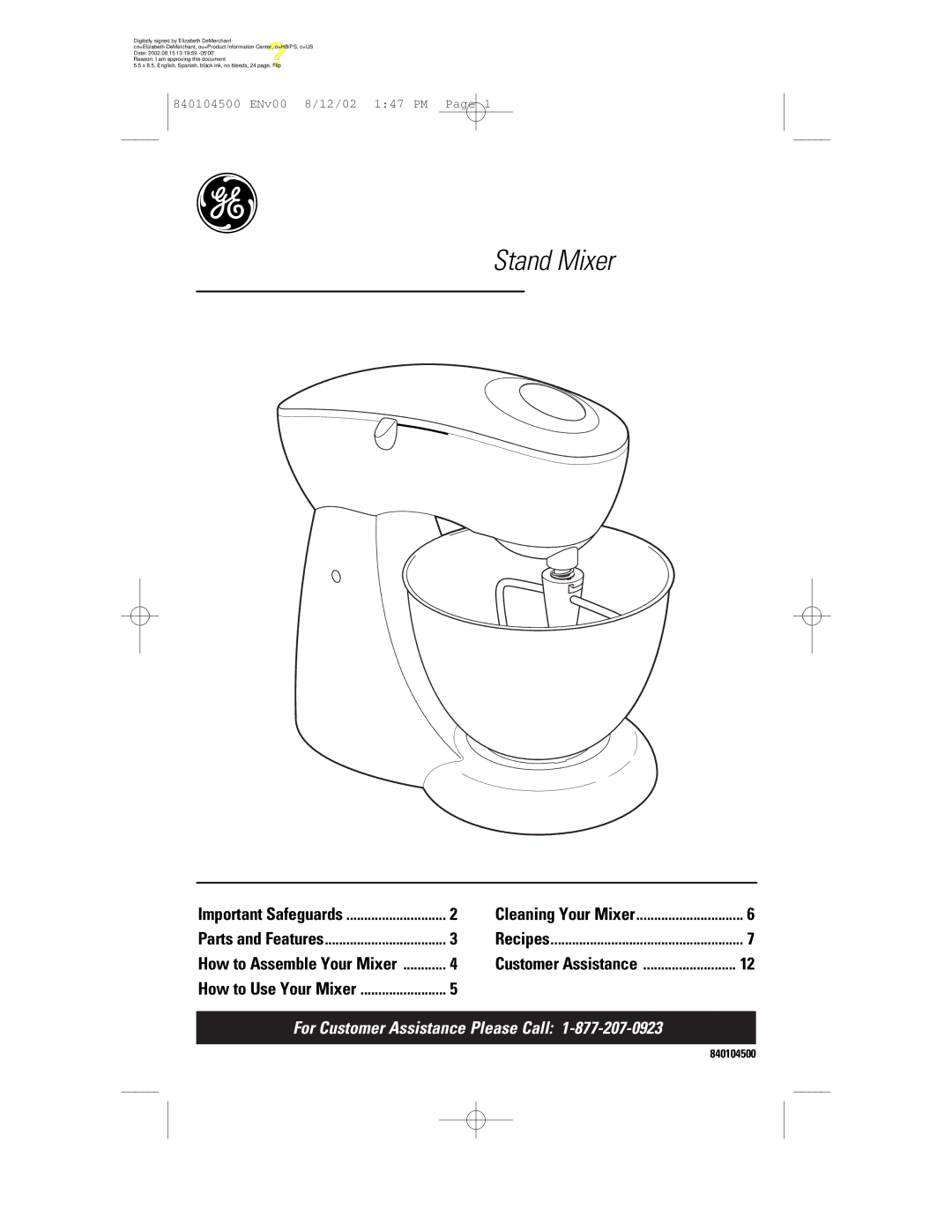 GE 106602, 840104500 manual Stand Mixer 