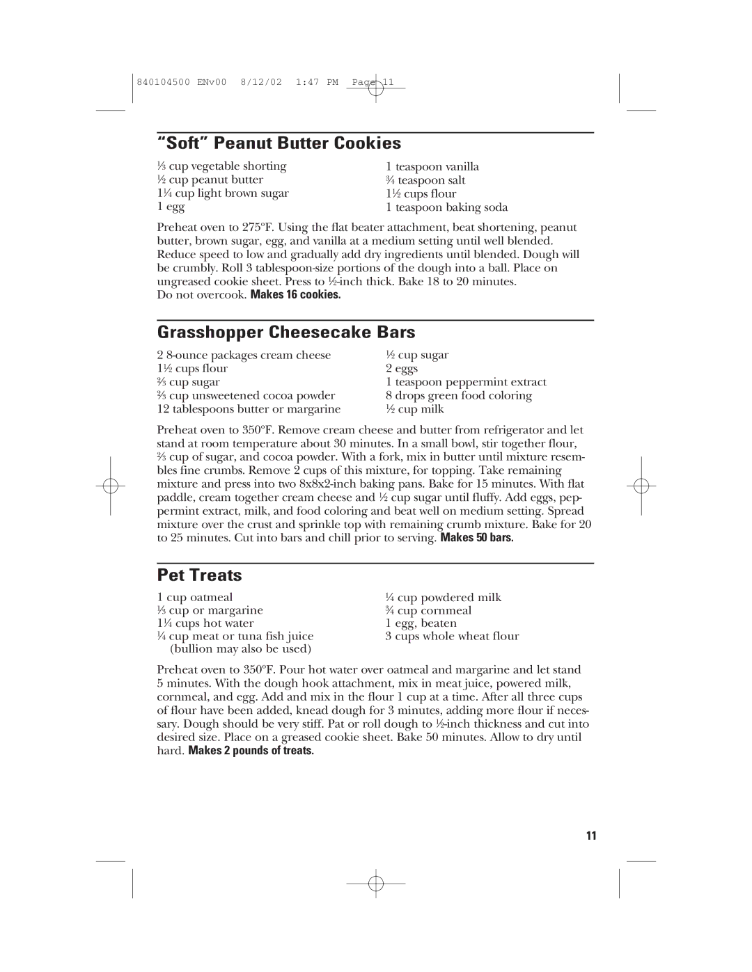 GE 106602, 840104500 manual Soft Peanut Butter Cookies, Grasshopper Cheesecake Bars, Pet Treats 