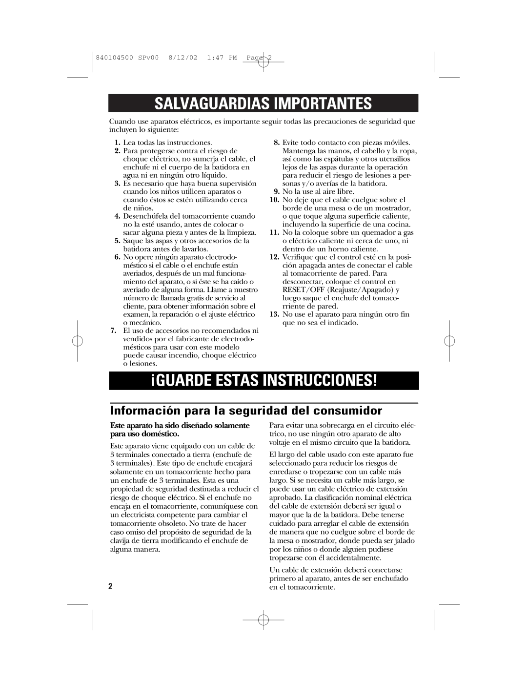 GE 840104500, 106602 manual Salvaguardias Importantes, Información para la seguridad del consumidor 