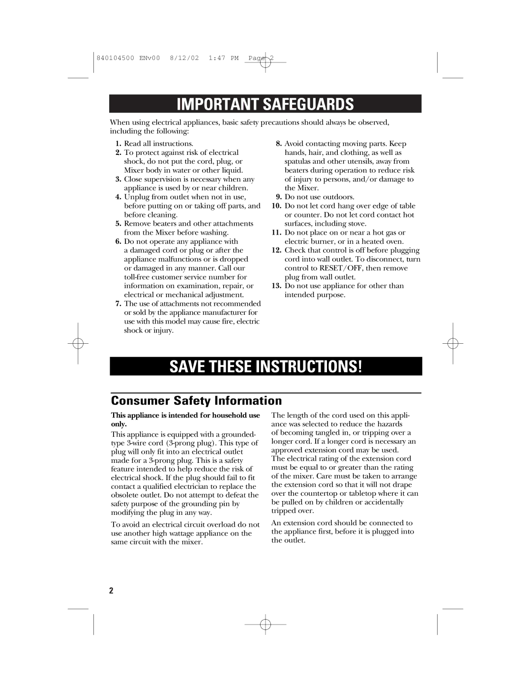 GE 840104500, 106602 manual Important Safeguards, Consumer Safety Information 