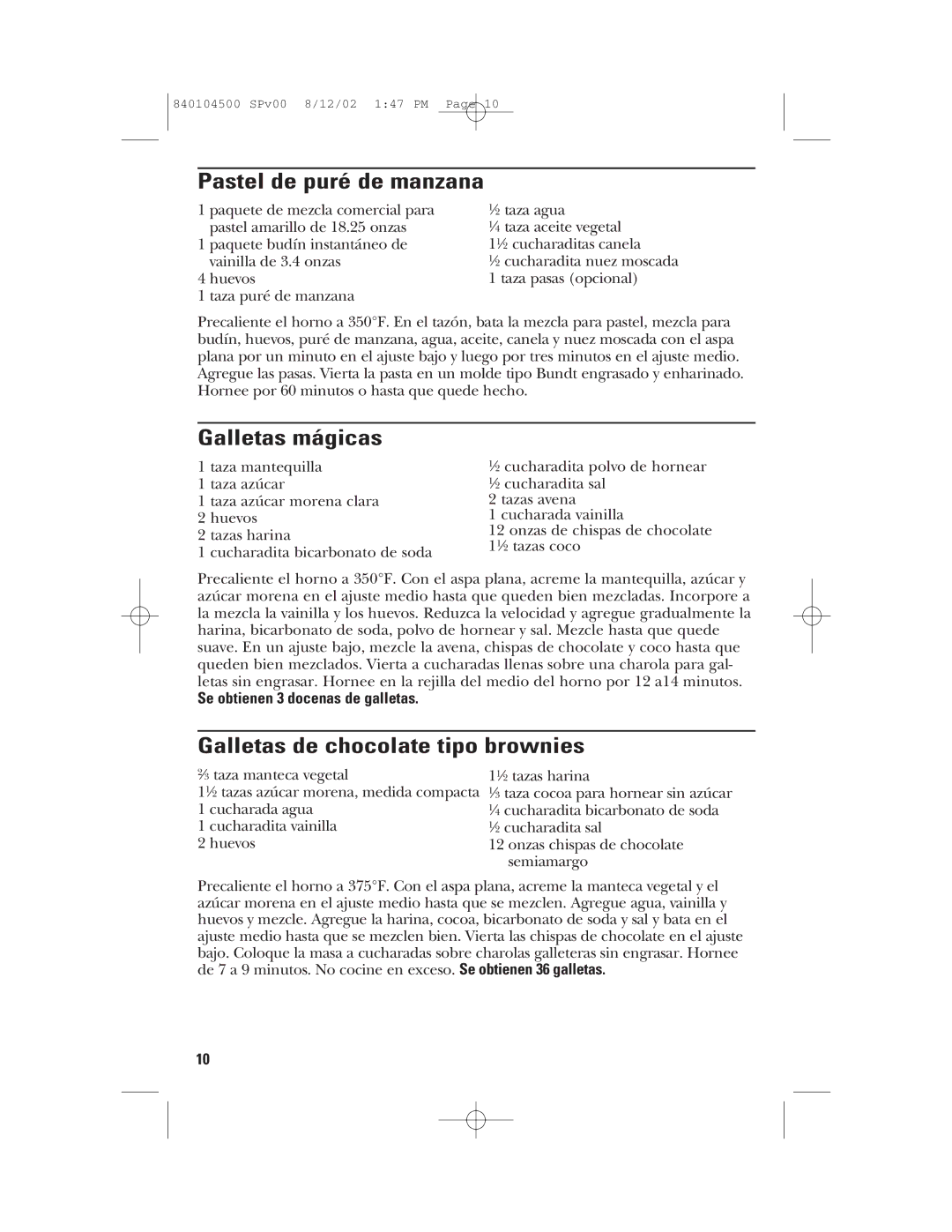 GE 840104500, 106602 manual Pastel de puré de manzana, Galletas mágicas, Galletas de chocolate tipo brownies 