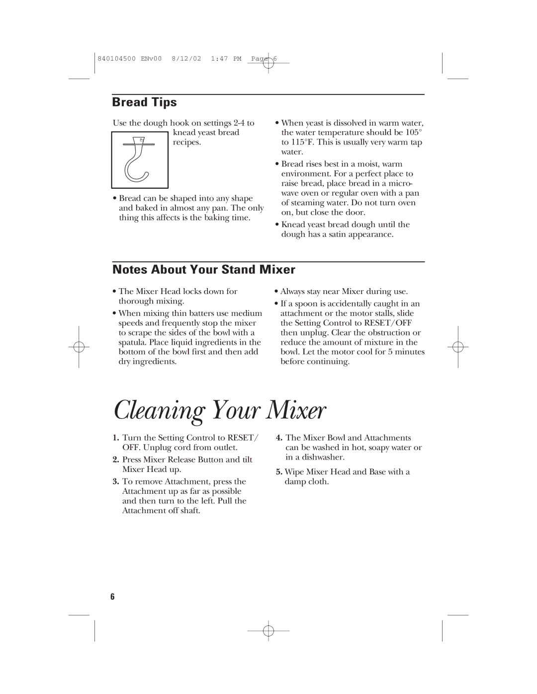 GE 840104500, 106602 manual Cleaning Your Mixer, Bread Tips 