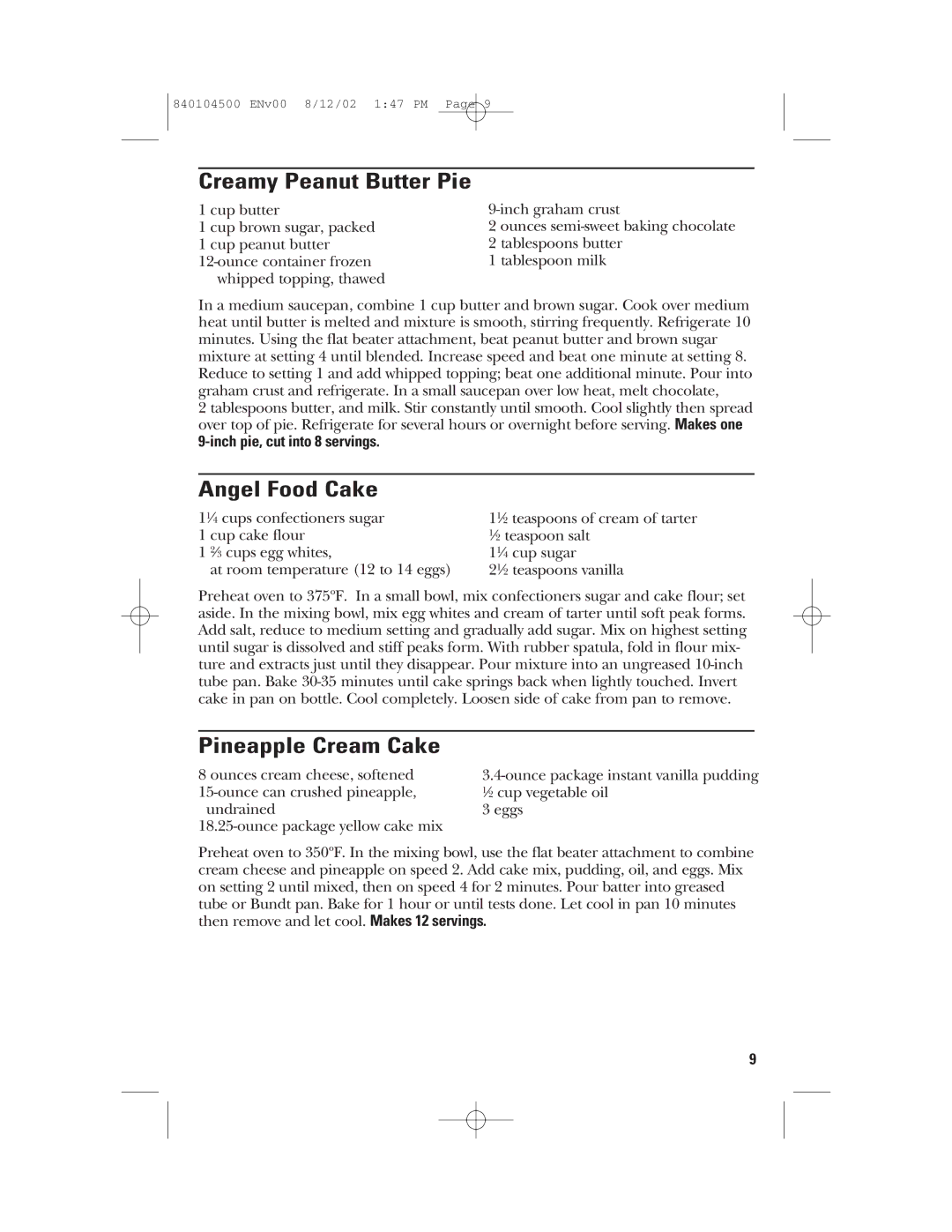 GE 106602, 840104500 manual Creamy Peanut Butter Pie, Angel Food Cake, Pineapple Cream Cake 